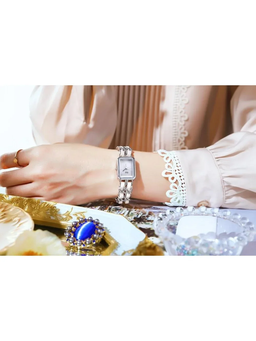 Women's Silver White Square Adjustable Chain Braid Band Quartz Retro Wrist Watch